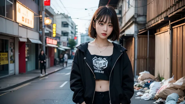 18-year-old,Korean women,((((Standing in front of a wall)))),(((Dirty neon street at night))),(((Facing forward))),(((Frowning,カメラをGlaring))),(Very fine eye),((I cant see my stomach)), (((Wearing a long black down jacket,Wearing baggy pants))),(((Collapsin...