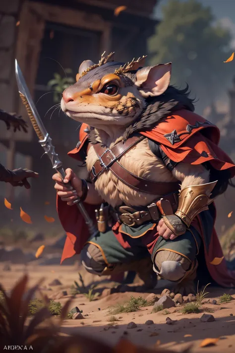 （anthropomorphic toad），（Rat Warriors：1.4），the code，tall body，Thick limbs，Contempt，ran，oil，Long hairs of flame fluttering in the wind，colors，Dynamic lines，Dimly lit battlefield，A ruined castle，（Stereoscopic perspective：1.4），Works of masters，super-excellent，...