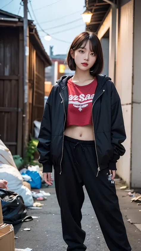 18-year-old,Korean women,((((Standing in front of a wall)))),(((Dirty neon street at night))),(((Facing forward))),(((Frowning,カメラをGlaring))),(Very fine eye),((I cant see my stomach)), (((Wearing a long black down jacket,Wearing baggy pants))),(((Collapsin...