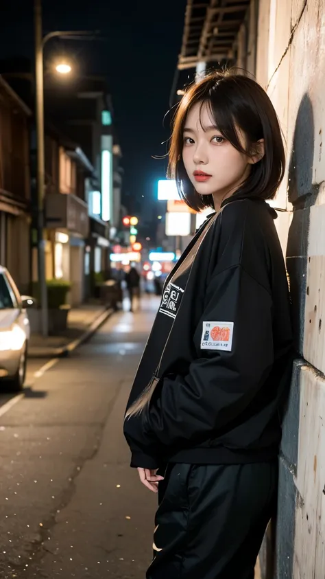 18-year-old,Korean women,((((Standing in front of a wall)))),(((Dirty neon street at night))),(((Facing forward))),(((Frowning,カメラをGlaring))),(Very fine eye),((I cant see my stomach)), (((Wearing a long black down jacket,Wearing baggy pants))),(((Collapsin...