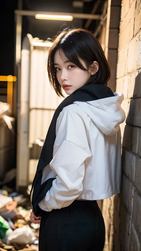 18-year-old,Korean women,((((Standing against the wall)))),(((Dirty neon street at night))),(((Facing forward))),(((Frowning,カメラをGlaring))),(Very fine eye),((I cant see my stomach)), (((Wearing a long black down jacket,Wearing baggy pants))),(((Collapsing ...