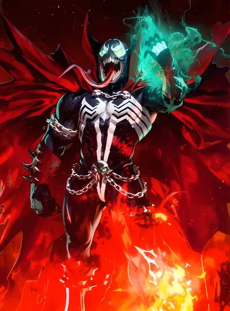a closeup of a person with a demonic face and a chain around his neck, chaos nightmare ❄️ amour veneno, Aparecer, veneno simbionte, venenoized, epic masterpiece torment, veneno, simbionte, veneno costume, mix of veneno and cthulhu, 😱 Chaos nightmare resin,...