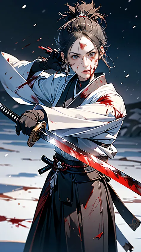 masterpiece, highest quality, (Highly detailed CG Unity 8k wallpaper), (highest quality), (Best illustrations), (Best Shadow),female swordsman, 28 years old, Japanese sword, stance,moonlight, snow, chaos,(((Samurai sword in hand))),((There was blood on my ...