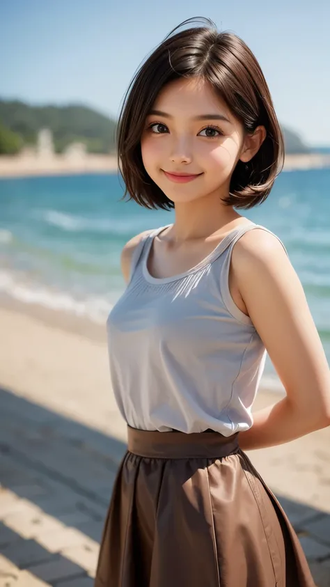 (cute face,brown eye: 1.3), (detailed face: 1.3), extra short hair, sidelocks-hair, smiling face, 1 girl, alone, blue sky, sea, short skirt, (Very detailed background: 1.0), (Very detailed background: 1.0)