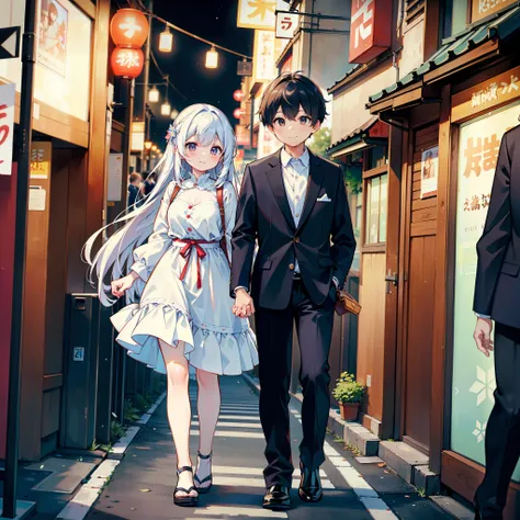 A beautiful couple is walking down a busy street in Tokyo, looking at each other, (best quality,4K,high resolution,masterpiece:1.2),smile, highest resolution, best quality,perfect face,Beloved,cute,