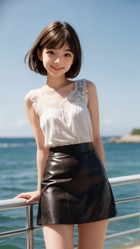 (cute face,brown eye: 1.3), (detailed face: 1.3), extra short hair, sidelocks-hair, smiling face, 1 girl, alone, blue sky, sea, short skirt, (Very detailed background: 1.0), (Very detailed background: 1.0)