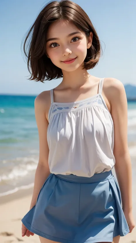 (cute face,brown eye: 1.3), (detailed face: 1.3), extra short hair, sidelocks-hair, smiling face, 1 girl, alone, blue sky, sea, ...