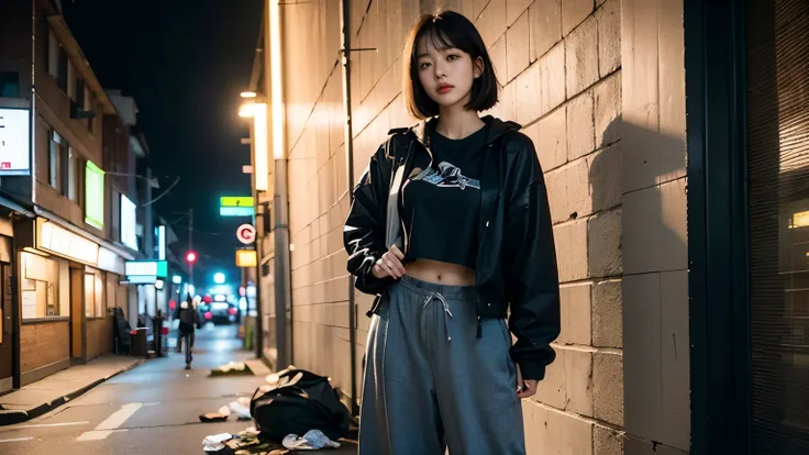 18-year-old,Korean women,((((Standing against the wall)))),(((Dirty neon street at night))),(((Facing forward))),(((Frowning,カメラをGlaring))),(Very fine eye),((I cant see my stomach)), (((Wearing a long black down jacket,Wearing baggy pants))),(((Collapsing ...