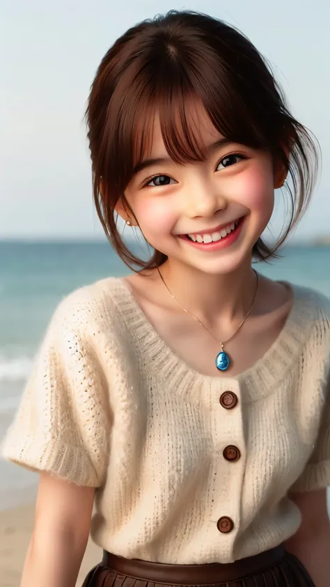 (cute face,brown eye: 1.3), (detailed face: 1.3), extra short hair, sidelocks-hair, smiling face, earrings, necklace, 1 girl, alone, blue sky, sea, short skirt, (Very detailed background: 1.0), (Very detailed background: 1.0)