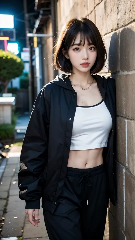 18-year-old,Korean women,((((Standing against the wall)))),(((Dirty neon street at night))),(((Facing forward))),(((Frowning,カメラをGlaring))),(Very fine eye),((I cant see my stomach)), (((Wearing a long black down jacket,Wearing baggy pants))),(((Collapsing ...