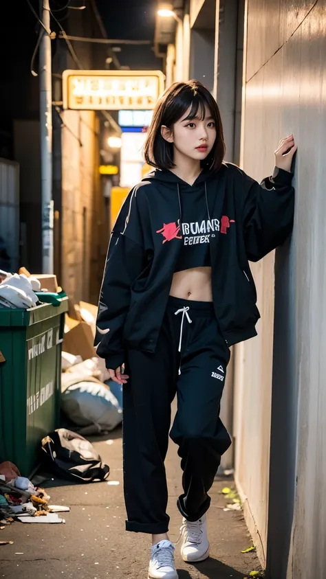 18-year-old,Korean women,((((Standing against the wall)))),(((Dirty neon street at night))),(((Facing forward))),(((Frowning,カメラをGlaring))),(Very fine eye),((I cant see my stomach)), (((Wearing a long black down jacket,Wearing baggy pants))),(((Collapsing ...