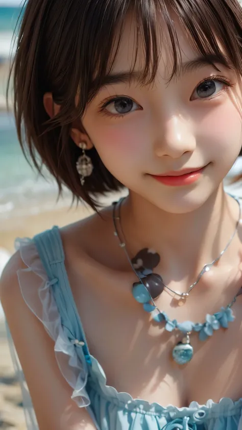 (cute face,brown eye: 1.3), (detailed face: 1.3), extra short hair, sidelocks-hair, smiling face, earrings, necklace, 1 girl, alone, blue sky, sea, short skirt, (Very detailed background: 1.0), (Very detailed background: 1.0)