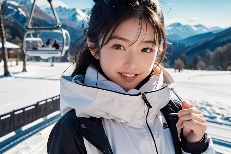 (ogawa noriko), create a female fashion model making fun memories at a winter ski resort。she is preparing to ski、ready to enjoy ...