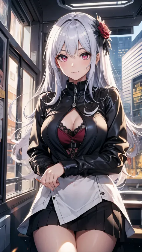 最high quality、Best image quality、masterpiece、girl((18-year-old、 By becoming、Best Bust、Medium Bust,Wide open breast tea、red glowing eyes,Silver Hair、Disheveled Hair、Long Hair、thin,The highest valley、Open chest、White wristband、smile、hair ornamentany accessor...