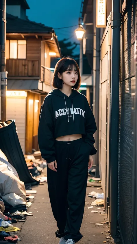 18-year-old,Korean women,((((Standing against the wall)))),(((Dirty neon street at night))),(((Facing forward))),(((Frowning,カメラをGlaring))),(Very fine eye),((I cant see my stomach)), (((Wearing a long black down jacket,Wearing baggy pants))),(((Collapsing ...