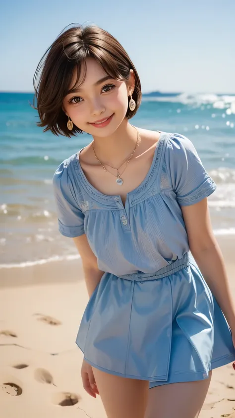 (cute face,brown eye: 1.3), (detailed face: 1.3), extra short hair, sidelocks-hair, smiling face, earrings, necklace, 1 girl, alone, blue sky, sea, short skirt, (Very detailed background: 1.0), (Very detailed background: 1.0)