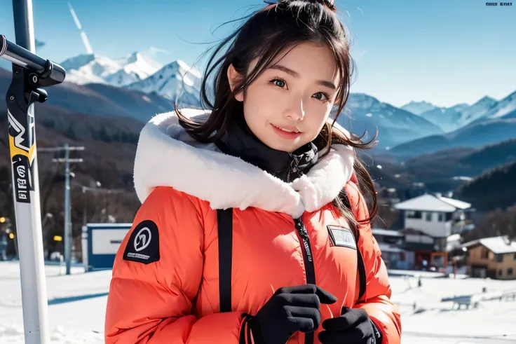 (ogawa noriko), cowboy shot, create a female fashion model making fun memories at a winter ski resort。she is preparing to ski、re...