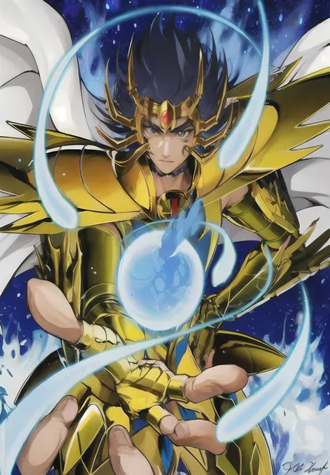 un primer plano de una persona sosteniendo una pelota en la mano, saint seiya, unreal engine render saint seiya, obra de arte de...