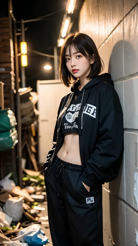 18-year-old,korean women,((((standing against the wall)))),(((dirty neon street at night))),(((facing forward))),(((frowning,カメラ...