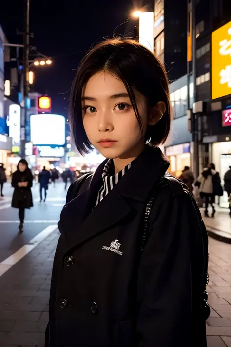 Realistic, 8k, Beautiful woman, Attractive look, Clear system, short hair, 20-year-old, Tokyo, winter, Shibuya in the background