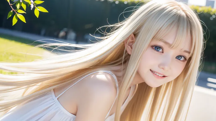 Shiny and transparent white skin、Windy hair disturbs your cute face、giant、 10 years old cute sexy little beautiful face、Beautiful straight hair that stands out、spectacular, beautiful azure eyes with bright、Long soft bangs that cover cute eyes, sexy face hi...