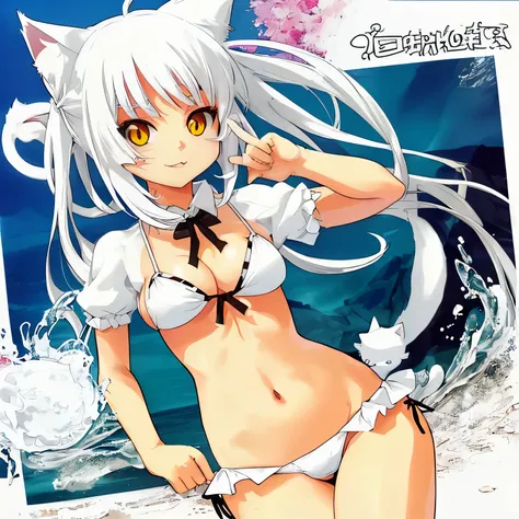 Neko cat girl with white hair and bikini