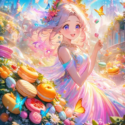 (bollywood actress:1.1,nubile:1.1,25 years old), frolicking in a dreamy meadow made of (delicious,scrumptious:0.9) food and candy, surrounded by vibrant flowers and (colorful,flavorful) fruits. She is dressed in a (glamorous,ethereal) flowing gown, with (i...