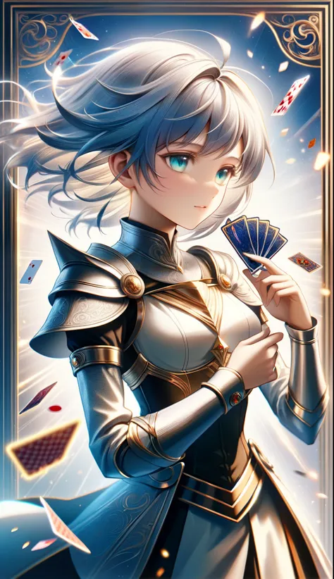 ((rider)), young girl knight wizard, fresh face, graceful armor, Energy, Passion, Speed, Activity, News, Messages, glassland, ((fantasy background)), ((Lenormand Card Form)), ((tarot)), ((masterpiece, best quality, ultra-detailed, an extremely delicate and...