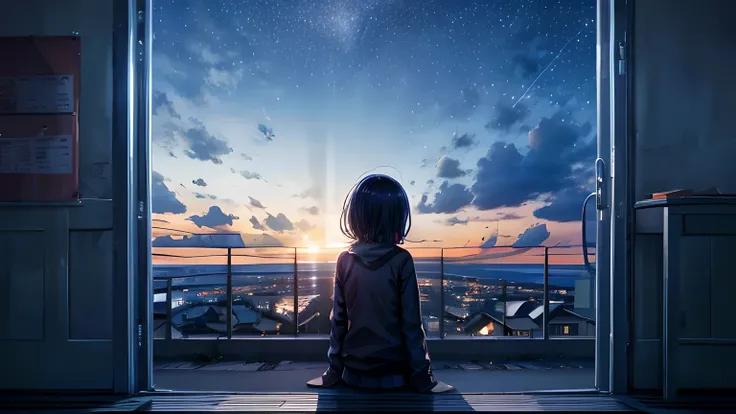 Octane, null, star (null), scenery, starry null, night, 1girl, night null, alone, Outdoor, sign, cloud, milky way, Sitting, wood, Short Hair, city, silhouette，masterpiece, highest quality, ,cloud, Light_particle, null room, null,water,girl,night、Starry Sky