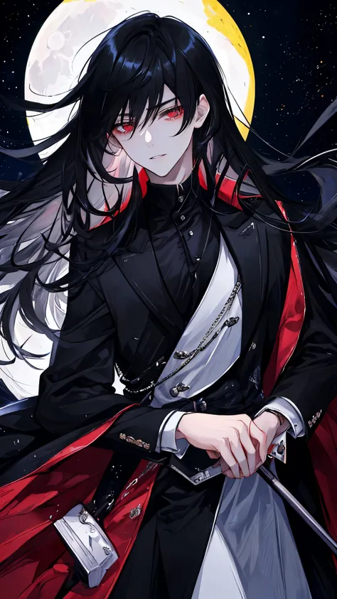 (best quality), masterpiece,Ultra Detailed,1man，Masculinity，a black-haired，Long hair，Red Eyes，Gorgeous dark atmosphere, Wear a black suit，Late Night, moon