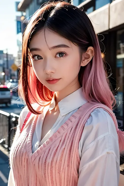 (Ogawa Noriko), Has pink hair、Create an image of a cute female fashion model in an urban setting.。Her pink hair is bright、It is a bright pink、Makes her stand out in the city。Her fashion is modern and sophisticated.、Pink is used as a dominant color。Cute des...