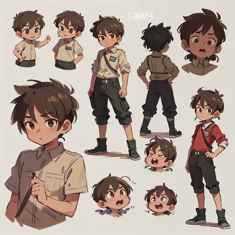 Anime style, Close-up of a male kid in leather armor，（（concept art of character）），((CharacterDesignSheet、Same role、frontage、Lateral face、on  back))Character art for Indian black kid video game character design，video game characters designs，The image of a b...