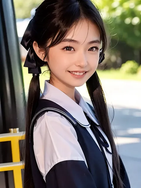 (Ogawa Noriko), upper body, To create a student-like atmosphere、Generate an image of a female fashion model with pigtails and a sailor suit。She is young々Give a good impression、The neat design of the sailor uniform brings out her brightness and vitality.。He...