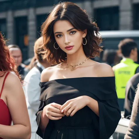 off-shoulder dress, 3 womans, deep cleavage,  crowd, wild hair, restrained, steel collar