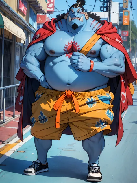 chubby man (jinbei) in street, (blue skin, blue skinned), muscular, pectoral, wide pectoral, beach, palm, realistic, 8k, masterpiece, (wearing shorts and shirtless, shoes)