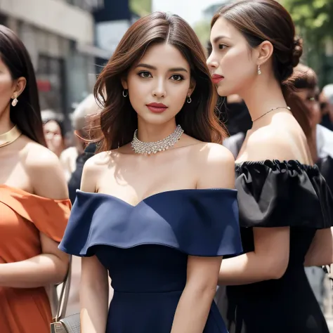 off-shoulder dress, 3 womans, deep cleavage,  crowd, wild hair, steel collar