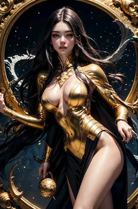 ((best quality)), ((masterpiece)), (detailed), perfect face, black hair, golden iris, (The body, composed of galactic gold liquid and black dust, is a beautiful interpretation of the female form..), natural, ((Complex galactic metallic colors in the foregr...