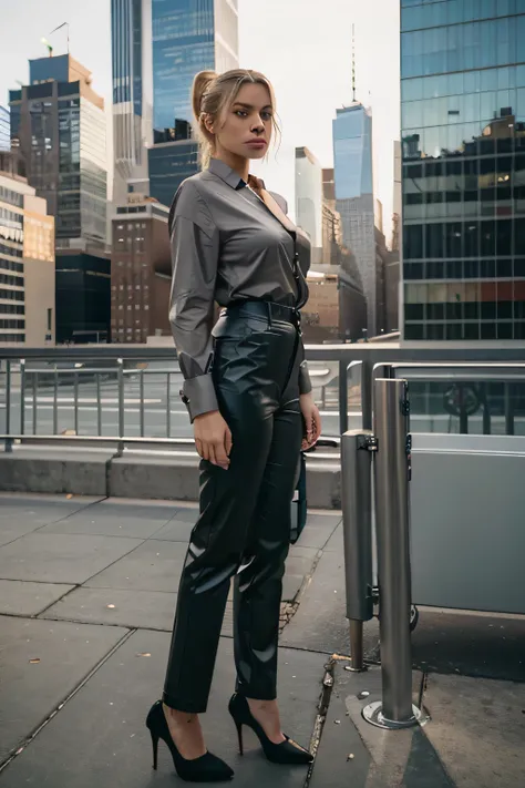 imagine a big breasted medium-blonde danish girl in new york at golden hour, she is wearing a grey blouse and dark green wide trousers with grey high heels, the skyline of new york is visible behind her, she is looking like a glamourous model, her hair is ...