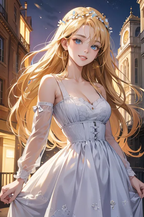 (absurdres, highres, ultra detailed),Masterpiece,intricate details,Best quality,8k,Realistic face,anime girl,Realistic skin texture,magnified textures, stunning clarity, ultra detailed eyes and faces,golden hair,long hair,so happy,toothy grin,flower head b...