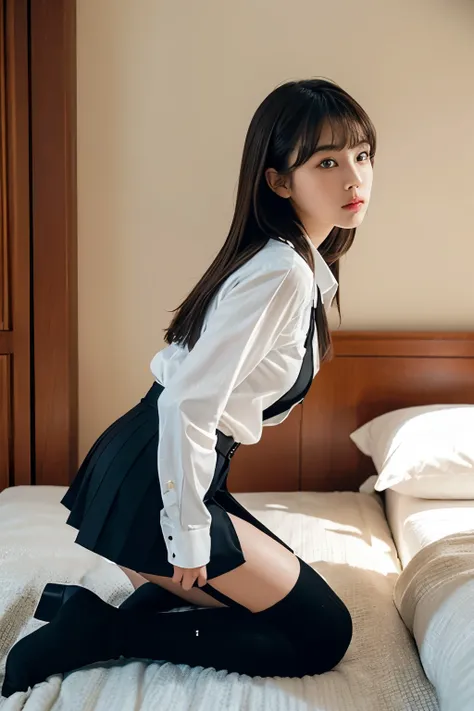 Brown hair、Watching the audience　　suspenders　　　Large swollen breasts　　 　 　　　　Black mini skirt　garter belt　Knee-high socks　　　　　　Side view　　　Small face　bangs 　　　　　Beauty　　　 　Sideways glance 　Black boots 　　　one person 　　　Dress shirt　　　Hands Behind Back　put yo...