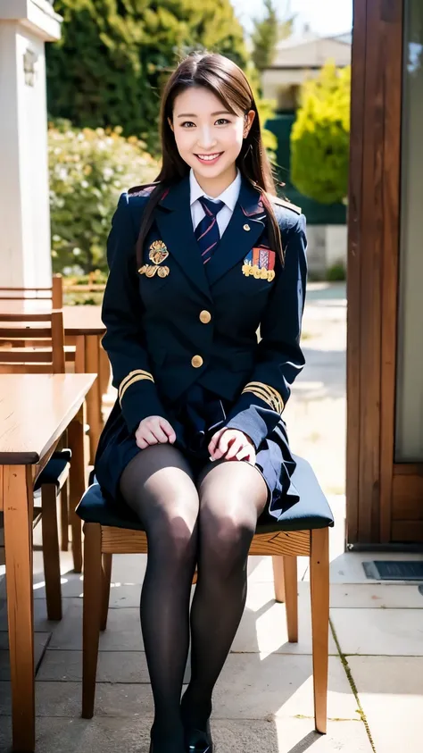 An Asian woman in a uniform is sitting on a chair with her legs crossed, sakimichan, [ Realistic photos ]!!, seifuku, Yoshitomo Nara, Beasts, [32k High Definition]^10, Japanese Model, Wearing the principals uniform, JK Uniform, cute pilot girl, Ultra-reali...