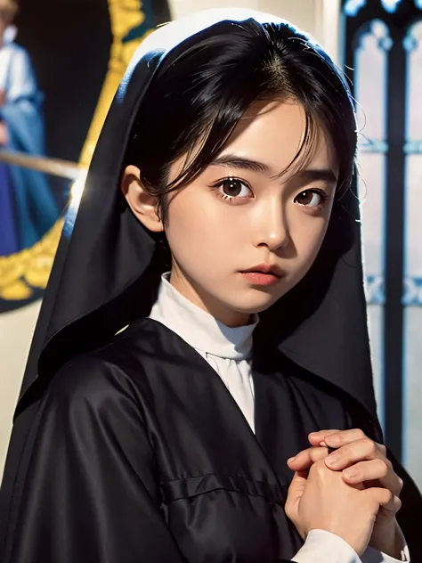 (Ogawa Noriko), (highest quality, Very detailed, masterpiece, In detail, High resolution, 8k wallpaper, highest quality, High resolution), Beautiful face in every detail, long sleeves, nun, habit, nun, habit, dress, black dress, long dress, catholic;, chur...