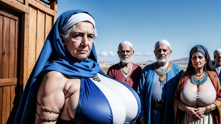 Photo of a 70 years old Syrian woman with (huge breasts:1.3), standing tall inside a livinig room, wearing a a "taferdant" robe that is long and colored, adorned with amazigh motifs. a "fouta" contrasts with her queue, and she completes her look with silve...