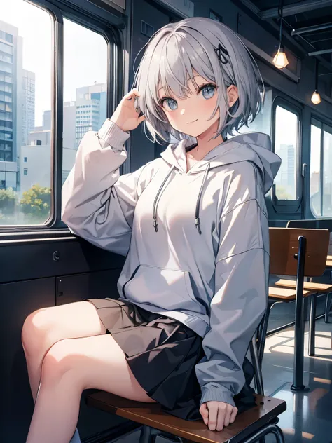 １people々 girl,Gray Hair,Have,2D,cute,hoodie,Sitting,Short Hair,skirt,smile