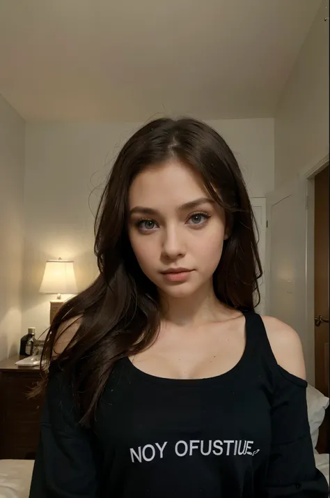 a woman in black clothes, a sexy girl with green eyes, portrait of Sophie Mudd, brown hair and big eyes, selfie of a young woman, eyes in the bedroom, Violet Myers, long eyelashes, natural makeup with arrows, looks directly into the camera, face using artg...