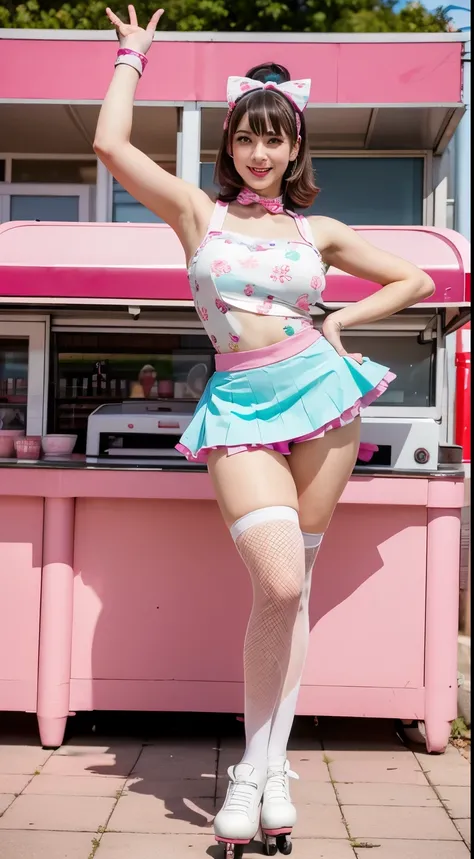 masterpiece, insanely detailed, best quality, anime style, anime, beautiful and aesthetic, fun and nostalgia of roller skating with the sweetness of an ice cream vendor, colorful and retro-inspired roller skating outfit, fitted top with playful ice cream c...