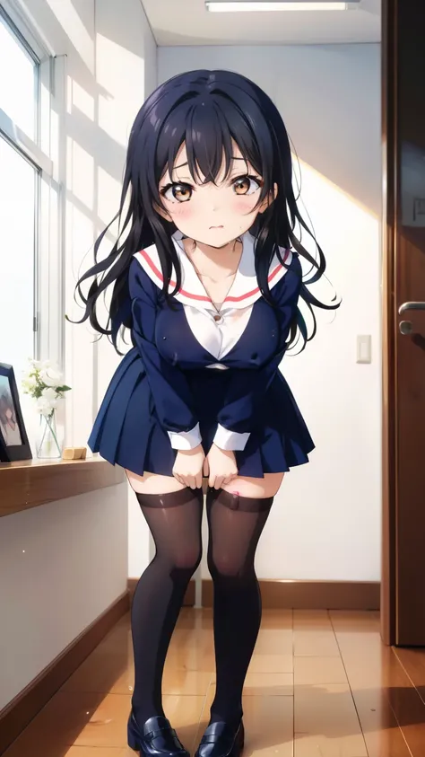 2 girls, by 2 person, Girl&#39;s brown eyes, black hair, medium long hair, Inward roll、(Navy blue sailor suit:1.4),indoors, Cafe、very big breasts、publish one&#39;chest of、Naked things&#39;chest of、blush、embarrassing、scary face、I&#39;m worried、confused face...