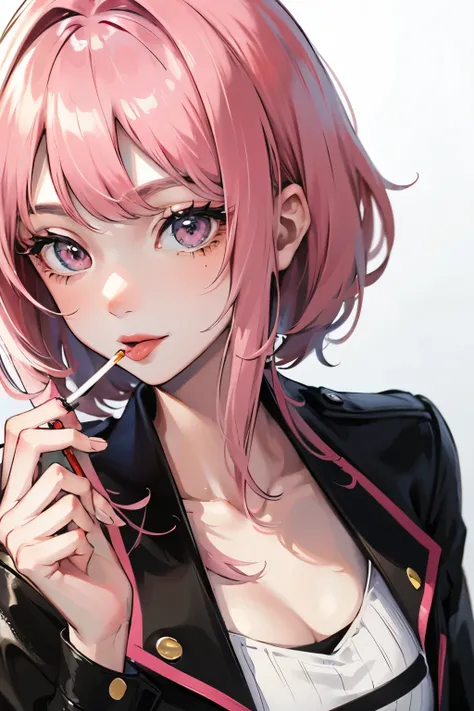 Close-up photo of a anime girl, pink hair, holding cigarette, tongue out