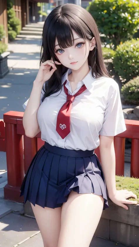 (((masterpiece))),(((High resolution)))、(((8K)))、(((perfect face)))、(((beauty of japan)))、30 years old、(((beautiful face))), (((school uniform))), embarrassed look, look at the camera, thighs、top quality eyes, detailed texture, look at the camera, plump, p...