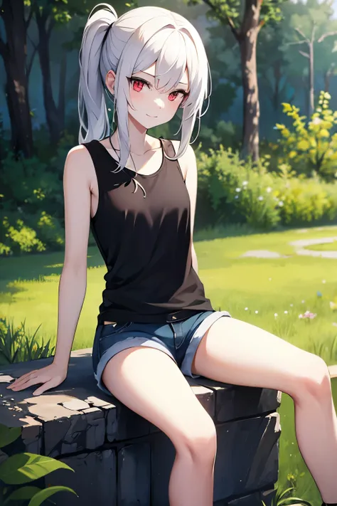 young white haired girl in ponytial, red eyes, pale skin, skinny body, flat chest, tank top and shorts, side pony tail, happy expression, sitting on a stone fence